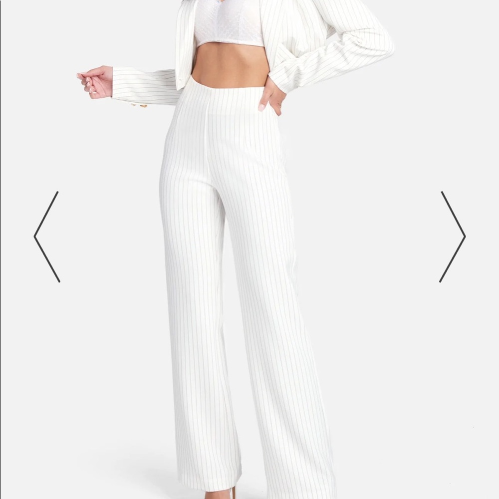 BEBE STRIPE TWILL HIGH WAIST WIDE LEG PANT